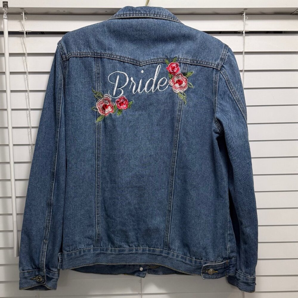 David's Bridal embroidered "Bride" & flowers trucker/jean jacket; Size L - Picture 3 of 6